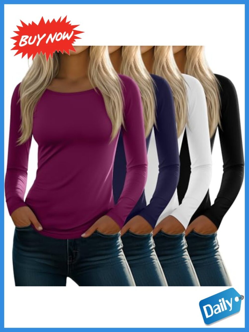 4 Pack Women's Long Sleeve Boat Neck Slim Fit T-Shirts Cotton Blend